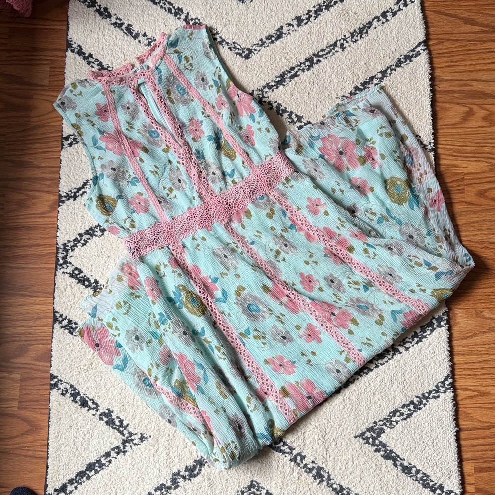 Foxiedox Mint Green Floral Dress with Pink Trim EC